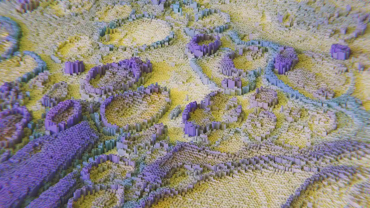 Composition numérique abstraite aux reliefs colorés, évoquant une image générée par ordinateur