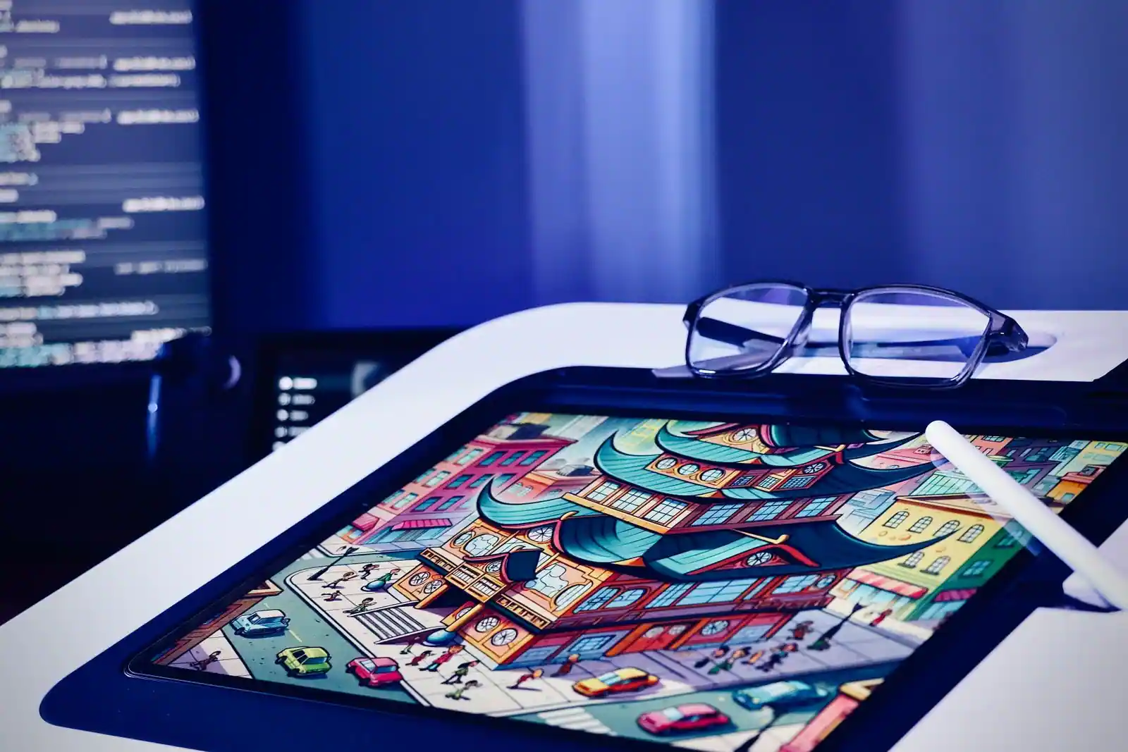 Tablette graphique et stylet affichant une illustration numérique colorée sur un bureau