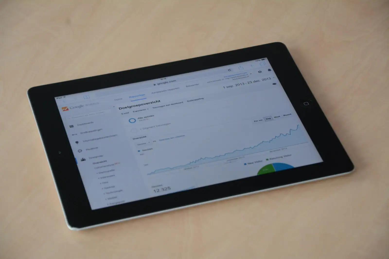 Tablette affichant un tableau de bord d'analyse d'audience avec une courbe de trafic et un graphique.