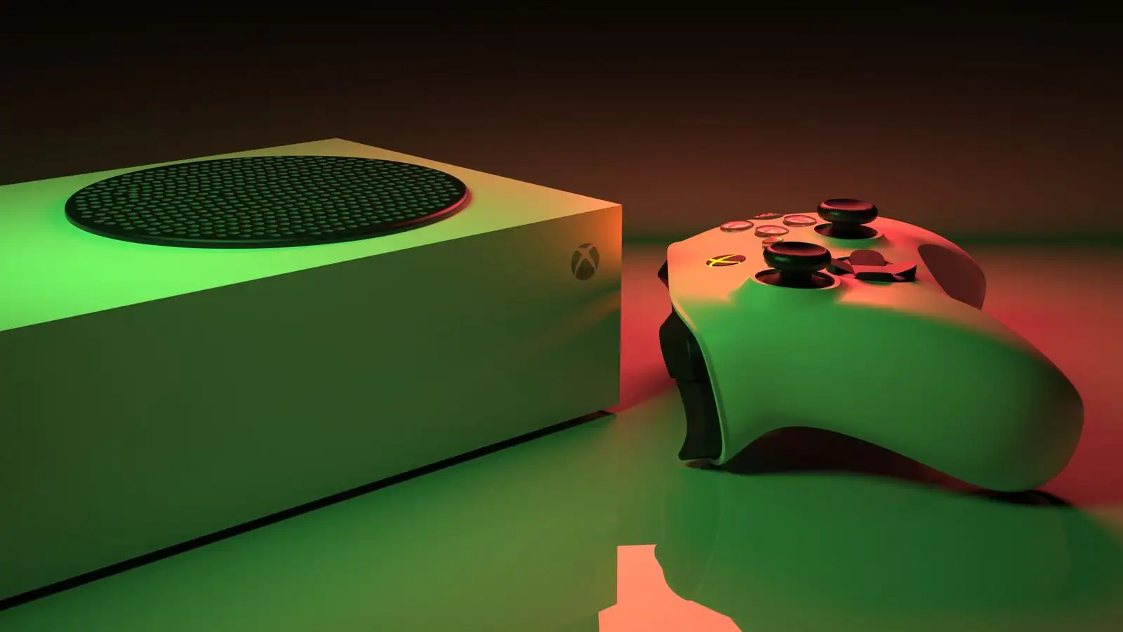 Console blanche Xbox Series S et sa manette sans fil posées sur une surface réfléchissante, sous un éclairage coloré.