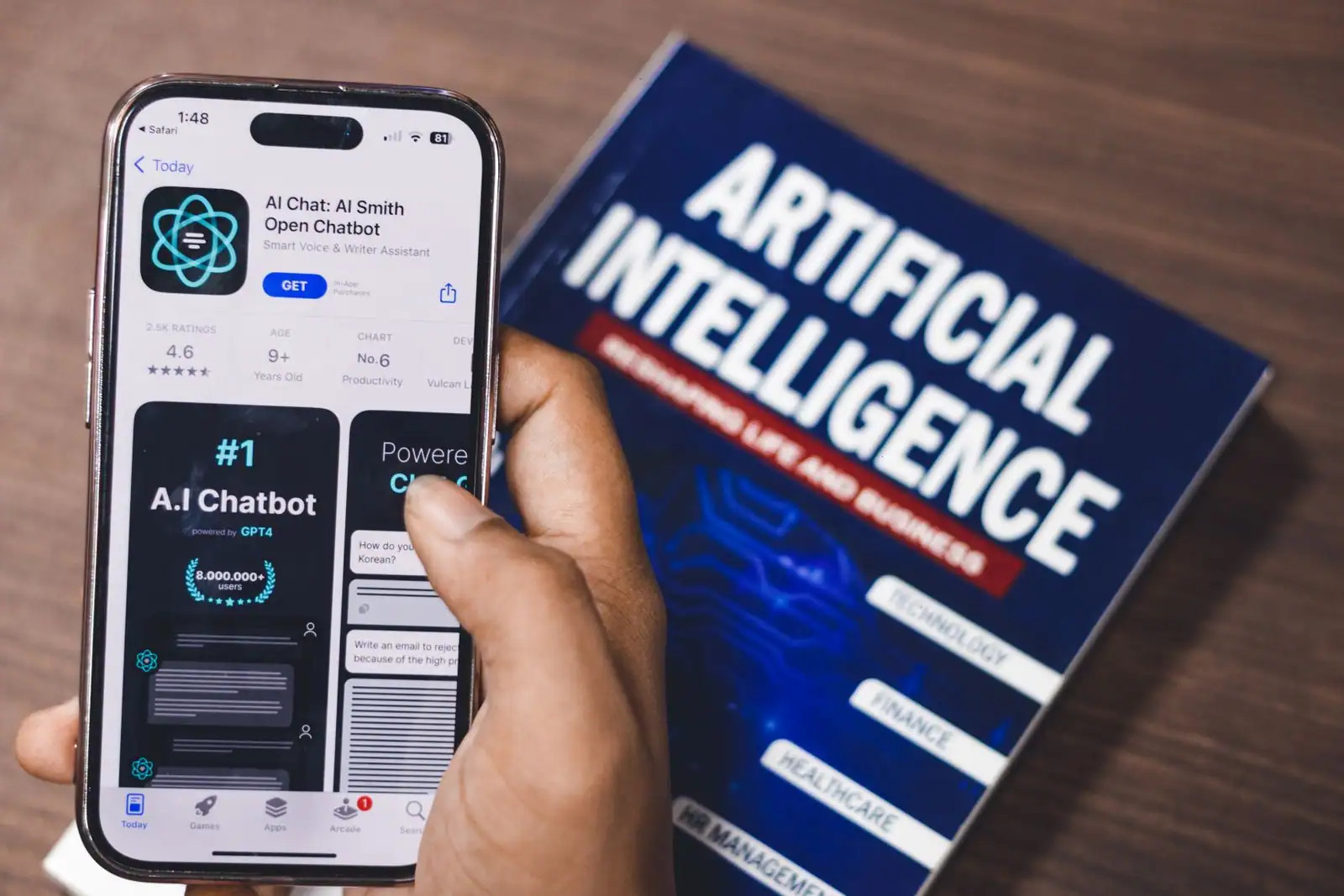 Illustration d'une interface de conversation par intelligence artificielle affichee sur un smartphone