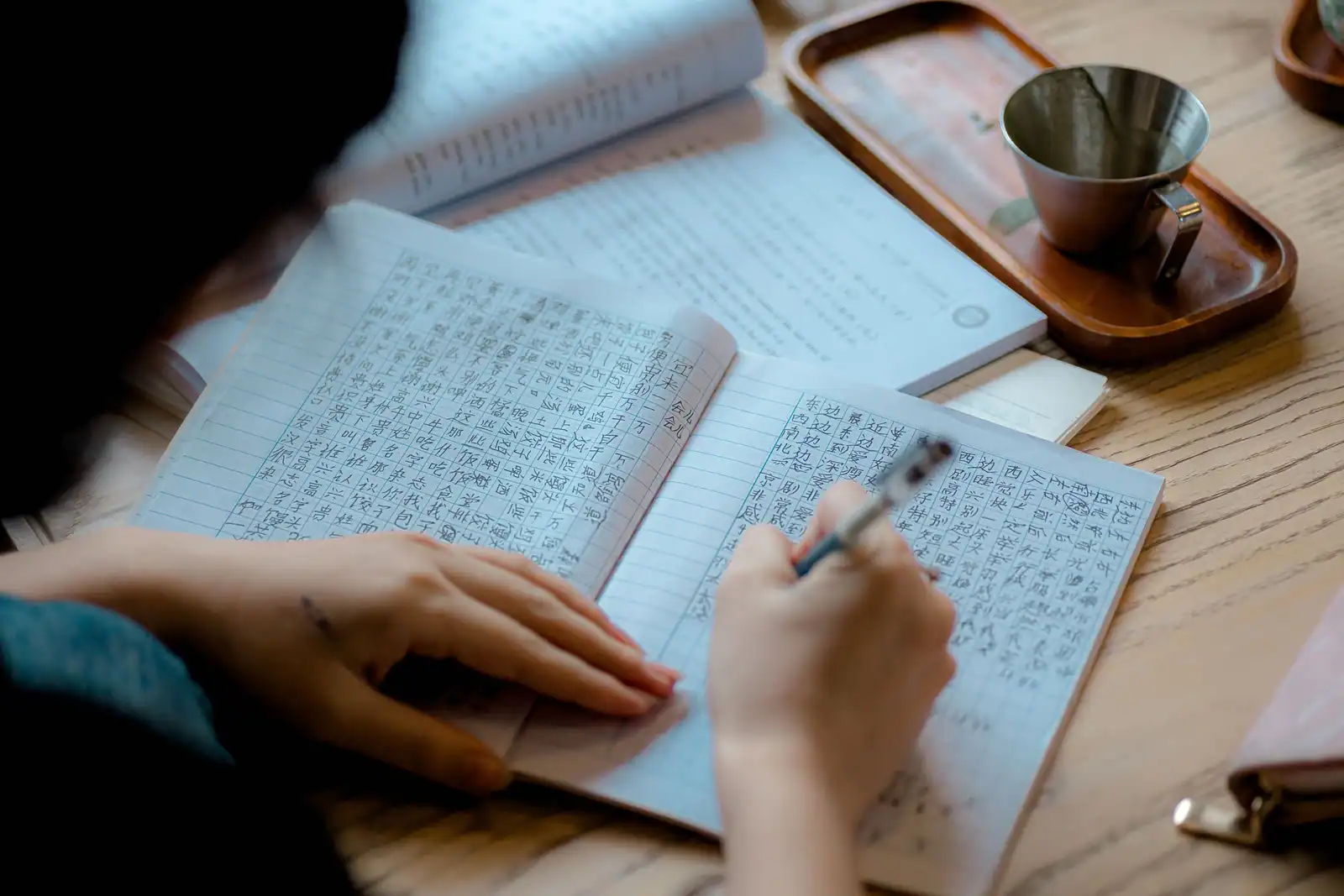 Personne recopiant des lignes de caractères au stylo dans un cahier quadrillé.